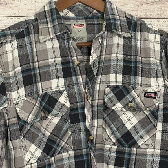 Dickies Flannel Grey‎ Black White Blue Button Down Medium - Picture 4 of 5